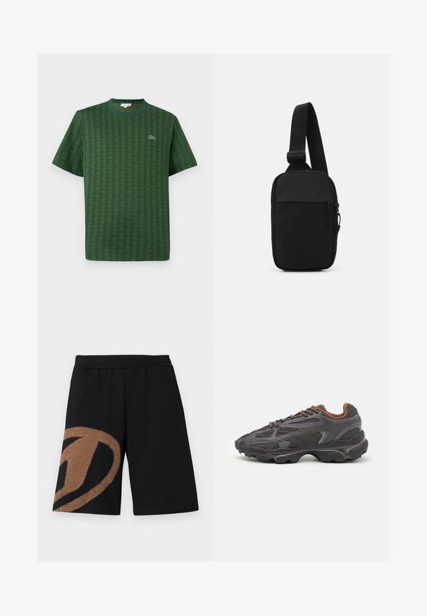 Maglietta verde in cotone con un motivo geometrico testurizzato. Presenta un collo a girocollo ribbed e un piccolo logo sul petto.; Pantaloncini con vita elastica neri con un grande motivo astratto marrone sulla gamba sinistra e tasche laterali.; Sneaker Lacoste grigie scure in materiale mesh e sintetico, con suola testurizzata e dettagli marroni sul colletto e sul branding.; Borsa a tracolla nera realizzata in tessuto resistente, con una singola tracolla regolabile, un compartimento principale con zip e una tasca frontale.