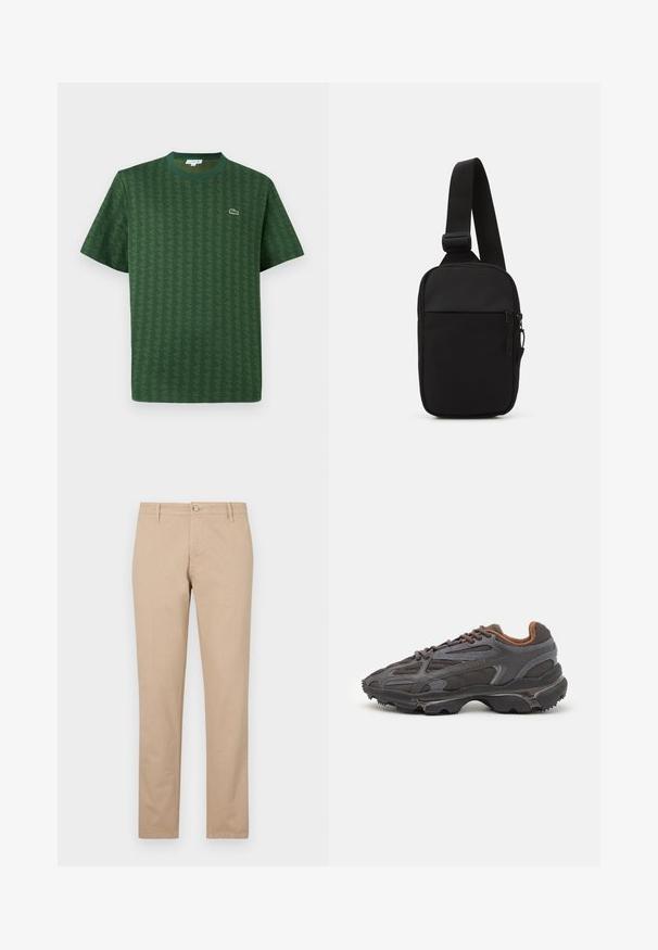 Žalias medvilninis marškinėliai su tekstūriniu geometriniu raštu. Turi rausvą apykaklę ir mažą logotipą krūtinėje.; Kreminės spalvos medvilninės kelnės su tiesiu pjūviu, turinčios priekinį mygtuko uždarymą, šonines kišenes ir subtilius tekstūros akcentus.; Lacoste sportbačiai tamsiai pilki, pagaminti iš tinklinės ir sintetinių medžiagų, su tekstūruotu padu ir rudomis detalėmis ant apykaklės bei prekės ženklo.; Juodas per petį nešiojamas krepšys, pagamintas iš patvarios medžiagos, su vienu reguliuojamu diržu, užtrauktuku užsidarančia pagrindine kišene ir priekyje esančia kišene.