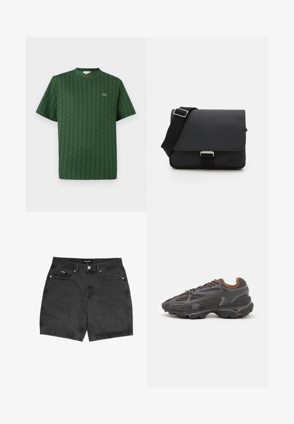 Green t-shirt made of cotton with a textured geometric pattern. Features a ribbed crew neckline and a small logo on the chest.; Black denim shorts with a straight cut, five pockets, and a button closure. Features minor stitching details and a textured fabric.; Lacoste sneakers in dark gray with mesh and synthetic material, featuring a textured sole and brown accents on the collar and branding.; Black messenger bag made of textured material with a flap closure, adjustable strap, and metal hardware. Features a logo detail on the front.