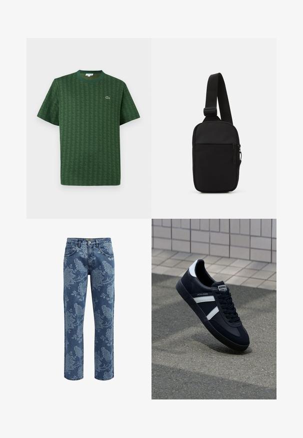 Green t-shirt made of cotton with a textured geometric pattern. Features a ribbed crew neckline and a small logo on the chest.; Denim jeans with blue floral pattern. Straight-leg design, medium wash, five pockets, button and zipper closure, and belt loops.; Black leather sneaker with white stripes, textured rubber sole, and lace-up front. Features a branded label on the tongue.; Black crossbody bag made of durable fabric, featuring a single adjustable strap, a zippered main compartment, and a front pocket.