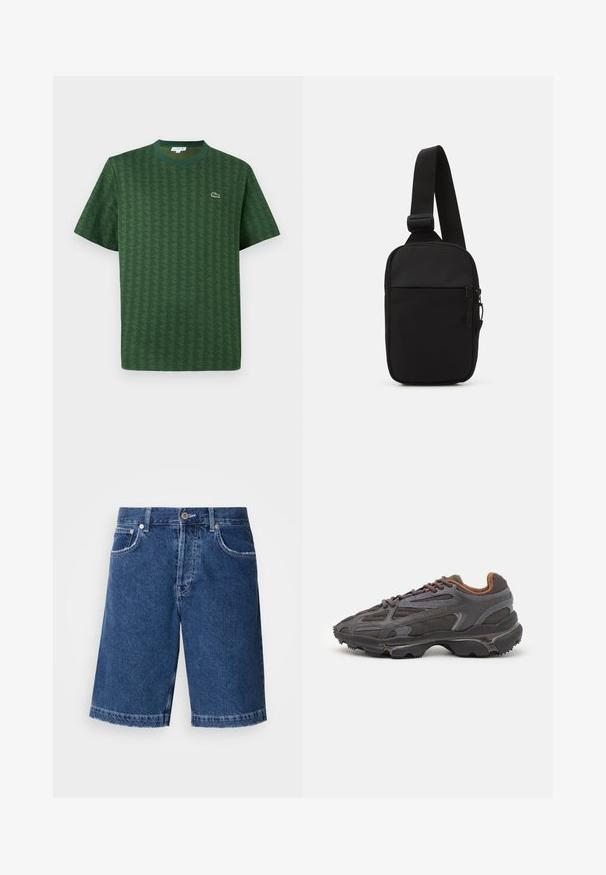 Vihreä puuvillapaita, jossa on teksturoitunut geometrinen kuvio. Ominaisuuksiin kuuluu ribattu pyöreä kaula-aukko ja pieni logo rinnassa.; Tummansiniset farkkushortsit, joissa on suora leikkaus, kaksi etutaskua ja klassinen napitussuljenta. Vähän haalistunut ommeltu helma.; Lacoste-tennar i mörkgrått med nät- och syntetmaterial, med en texturerad sula och bruna accenter på kragen och märket.; Musta olkalaukku, joka on valmistettu kestävästä kankaasta. Laukussa on yksi säädettävä olkahihna, vetoketjulla suljettava pääosasto ja etutasku.