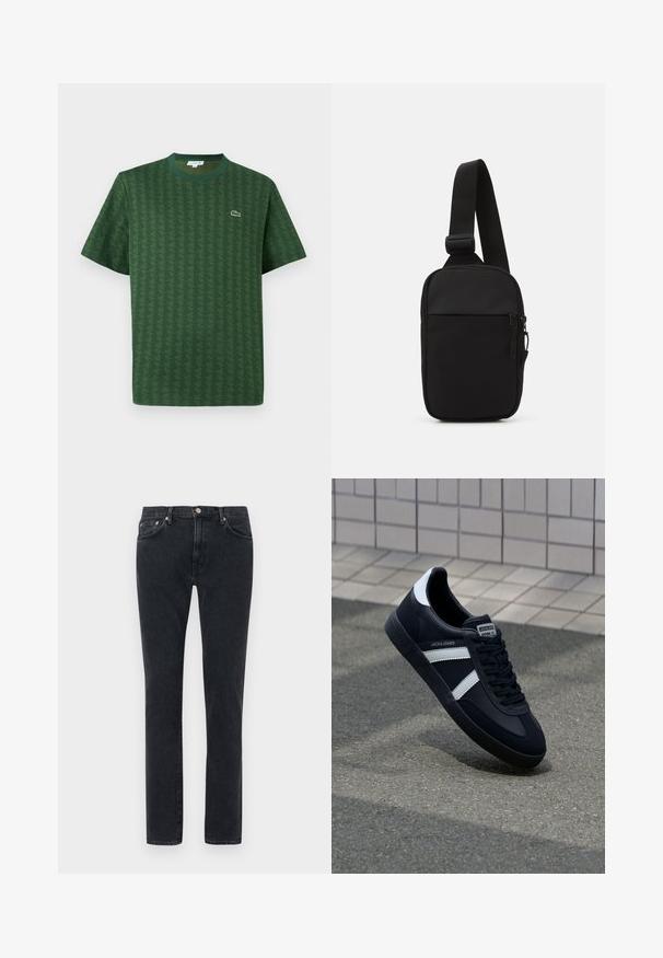 Grön t-shirt gjord av bomull med ett strukturerat geometriskt mönster. Har en ribbad rundad halsringning och en liten logotyp på bröstet.; Svarta jeans i denim med rak ben-design, featuring knäppning, bälteslök, och subtil blekning på tyget.; Svart lädersneaker med vita ränder, texturerad gummisul, och snörning fram. Har en märkesskylt på tungan.; Svart axelväska gjord av slitstarkt tyg, med en justerbar rem, ett zip-försett huvudfack och en framficka.