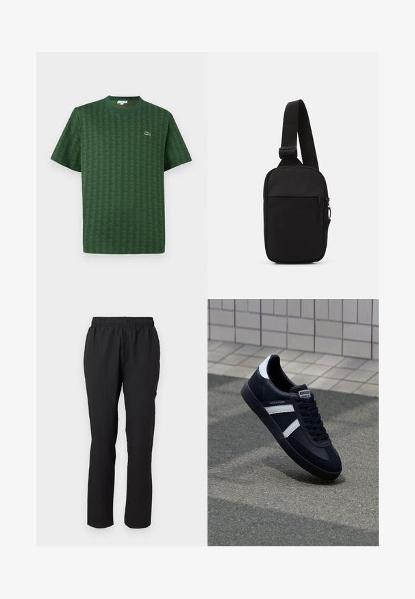 Zelena majica od pamuka s teksturiranim geometrijskim uzorkom. Ima rebrasti okrugli ovratnik i mali logo na prsima.; Crne, lagane hlače s elastičnom waistbandom, ravnog kroja i teksturirane tkanine, bez vidljivih kopčanja ili džepova.; Crne kožne tenisice s bijelim prugama, strukturirana gumena potplate i vezanjem sprijeda. Ima oznaku brenda na jeziku.; Crna torba preko tijela napravljena od izdržljive tkanine, s jednim podesivim remenom, glavnim odjeljkom na patentni zatvarač i prednjim džepom.