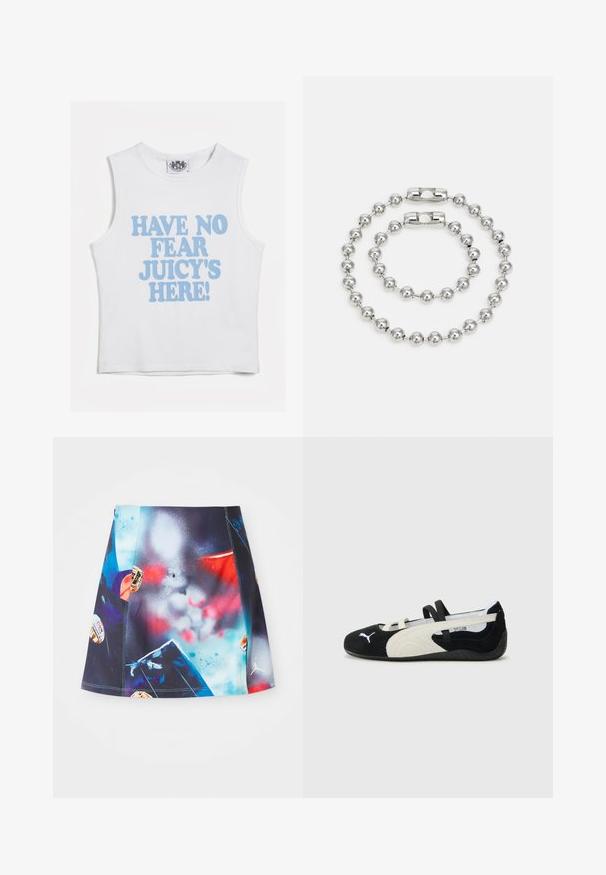 Weißes ärmelloses Crop-Top mit auffälligem blauen Text, der "HABE KEINEN ANFANG, JUICY IST HIER!" liest! Weicher Baumwollstoff mit rundem Ausschnitt.; Kurzer, mehrfarbiger Sportrock mit lebhaftem Spritzdesign und Akzenten sowie Logos. Hergestellt aus leichtem, atmungsaktivem Stoff.; Schwarzer und cremiger, ultraleichter Schuh mit einem Obermaterial aus Wildleder, flacher Sohle, elastischen Riemen und einem kleinen Logo an der Zehe.; Silbernes Metallarmband-Set mit zwei Strängen aus abwechselnden runden Perlen mit glatter Oberfläche und einem Magnetverschluss.