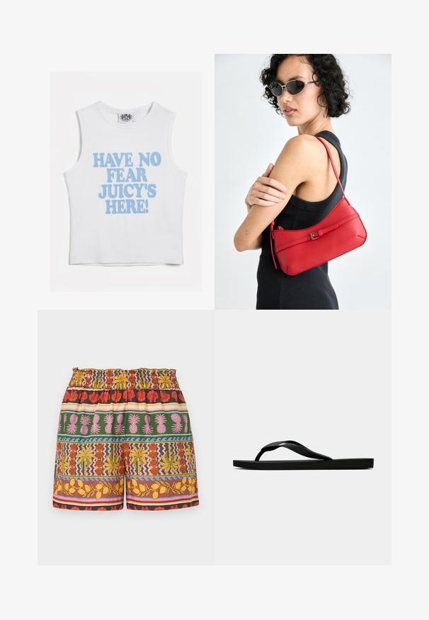 Fehér ujjatlan crop top, melynek elülső oldalán merész kék felirat olvasható: "NINCS VÉNUSZ, ITT VAN JUICY!" Puha pamut anyagból készült, kerek nyakkivágással.; Több mintás rövidnadrág, élénk színek keverékével, beleértve a pirosat, sárgát, zöldet és rózsaszínt, rugalmas derékkal és változatos trópusi motívumokkal.; Fekete gumipapucs, textúrált pánttal és egyszerű lapos talppal, oldalnézetből, világos háttér előtt.; Piros bőr válltáska sima felülettel, ívelt dizájnnal és dekoratív csattal. Állítható pánt és cipzáras záródás.; Ezüst karika fülbevaló szett, amely két nagy és két kicsi párt tartalmaz. Könnyű, sima felületű, fényes kivitelű, egyszerű formavilággal.