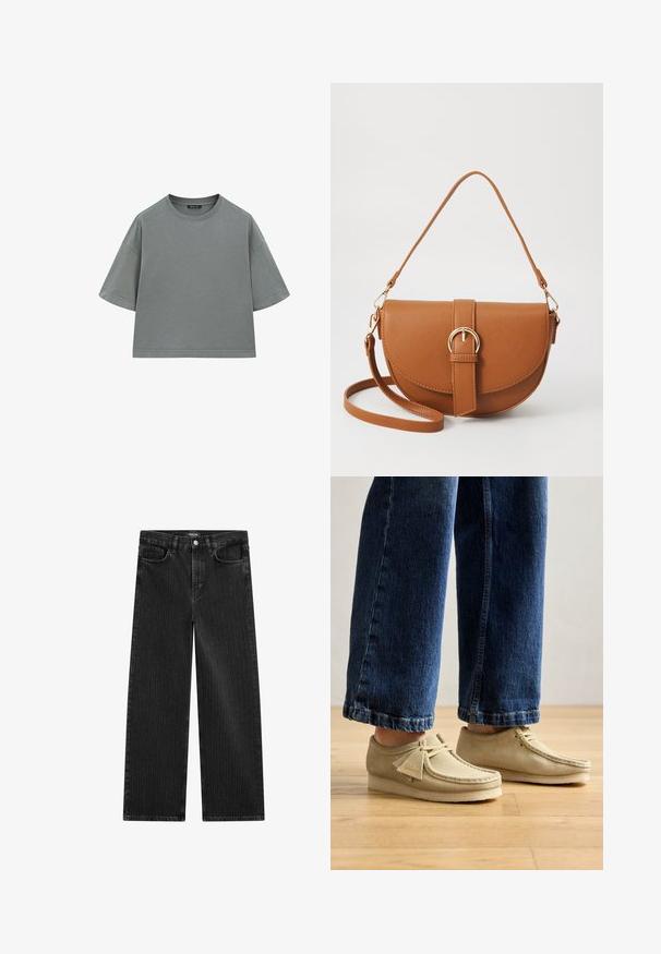 Grey cotton T-shirt with a relaxed, boxy shape, short sleeves, and a round neckline. Features visible stitching along edges.; Wide-leg black denim jeans with a subtle vertical stripe pattern, featuring five-pocket design and a classic button closure at the waist.; Beige suede shoes with rounded toes and a low profile. Features lace-up design and stitched accents. Worn with cropped blue jeans.; Brown leather crossbody bag with a curved shape, gold hardware, and a buckle accent. Features a detachable shoulder strap.