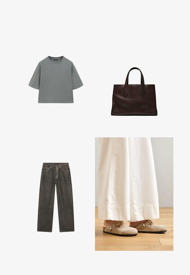 Grey cotton T-shirt with a relaxed, boxy shape, short sleeves, and a round neckline. Features visible stitching along edges.; Dark gray wide-leg jeans made of denim, featuring a classic five-pocket design, sturdy stitching, and a zip fly with a button closure.; Beige suede clogs with a buckled strap and studded accents, worn with white wide-leg pants, set on a wooden floor.; Brown leather tote bag with two elongated handles, structured rectangular shape, smooth texture, and subtle stitching details.