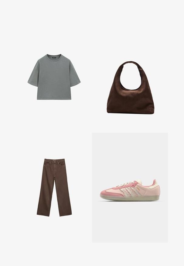T-shirt en coton gris avec une coupe décontractée et carrée, des manches courtes et un col rond. Présente des coutures visibles le long des bords.; Jean brown à jambes larges en denim, doté d'une taille haute, de poches avant et d'une fermeture à bouton classique. Texture lisse avec des coutures subtiles.; adidas Originals SAMBA OG - Baskets basses - quartz/off white/mauve; Sac à main en toile marron doux de style hobo avec une large sangle unique et une ouverture en haut arrondie, présenté sur un fond blanc.