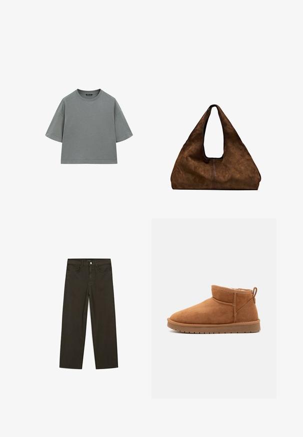 T-shirt en coton gris avec une coupe décontractée et carrée, des manches courtes et un col rond. Présente des coutures visibles le long des bords.; Jeans large en denim vert foncé en mélange de coton, avec une fermeture à bouton à l'avant, cinq poches et des coutures classiques en denim.; Call it Spring JAMIELEE - Bottes de neige - camel; Sac fourre-tout en daim marron avec un corps large et arrondi, des poignées à découpe profonde et une doublure noire contrastante. Texture douce avec des détails de couture visibles.