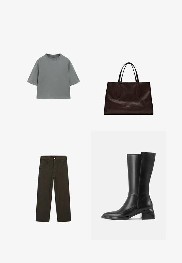 Grey cotton T-shirt with a relaxed, boxy shape, short sleeves, and a round neckline. Features visible stitching along edges.; Dark green wide-leg jeans made of cotton blend, featuring a front button closure, five pockets, and classic denim stitching.; Black leather knee-high boot with a square toe, a modest block heel, and minimal seam detailing, featuring a smooth, glossy finish.; Massimo Dutti Handbag - brown