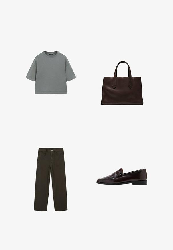T-shirt in cotone grigio con una forma rilassata e squadrata, maniche corte e scollo rotondo. Presenta cuciture visibili lungo i bordi.; Jeans a gamba larga di colore verde scuro, realizzati in tessuto misto cotone, dotati di chiusura con bottone frontale, cinque tasche e cuciture classiche in denim.; Mocassino in pelle marrone con punta in stile mocassino, cuciture elevate lungo l'assottigliamento e suola nera in gomma bassa. Finitura liscia e lucida.; Borsa a spalla in pelle marrone con due manici lunghi, forma rettangolare strutturata, texture liscia e dettagli di cucitura sottili.