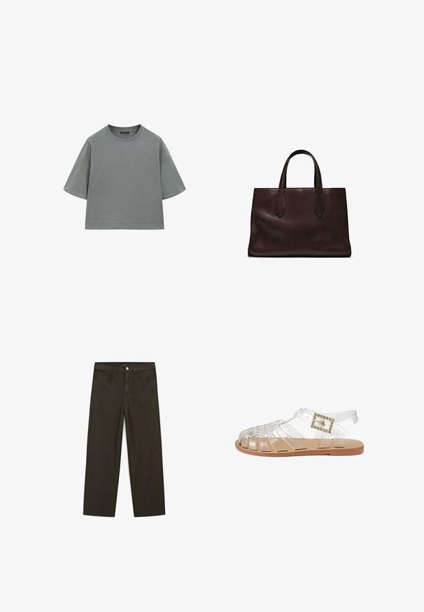 Grijze katoenen T-shirt met een ontspannen, boxy vorm, korte mouwen en een ronde halslijn. Bevat zichtbare stiksels langs de randen.; Donkergroene wijde jeans van een katoenmix, met een sluiting met een voorste knop, vijf zakken en klassieke denimstiksels.; Transparante PVC-sandaal met open teen, gevlochten ontwerp en een goudaccent gesp. Platter zool met een licht tan afwerking.; Bruine leren tote bag met twee verlengde handvatten, gestructureerde rechthoekige vorm, gladde textuur en subtiele stiksels.