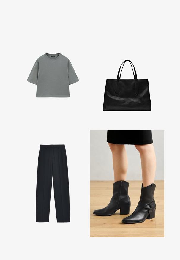 Szara bawełniana koszulka z luźnym, pudełkowym krojem, krótkimi rękawami i okrągłym dekoltem. Posiada widoczne szwy wzdłuż krawędzi.; Spodnie w ciemnonawowym materiale, charakteryzujące się prostym krojem, wyprasowanymi zagięciami i bocznymi kieszeniami. Wykonane z gładkiego, tkanej tkaniny.; Czarne skórzane botki za kostkę z ostrym noskiem, zapięciem na zamek, wygiętym obcasem i dekoracyjnym paskiem z metalowymi akcentami.; Czarna skórzana torba typu tote z dwoma wydłużonymi uchwytami, o wyraźnej formie, gładkiej fakturze i minimalistycznym designie. Brak widocznych dodatków ani ozdób.