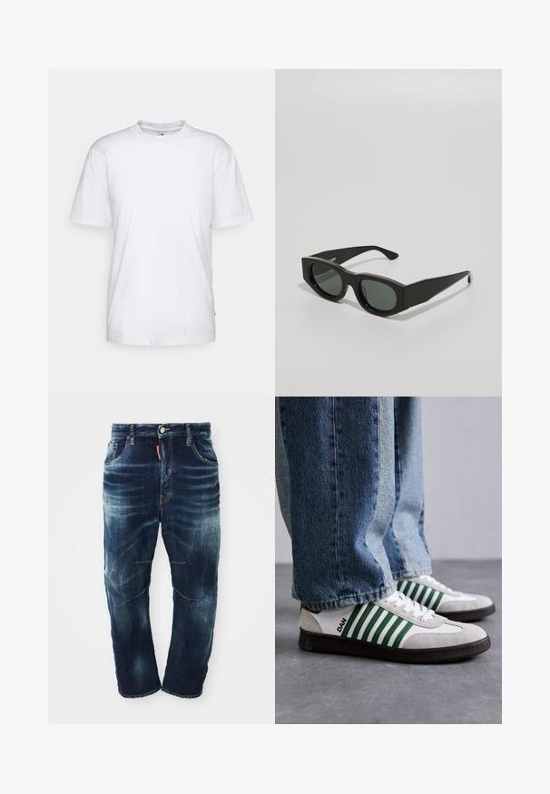 Hvid bomulds t-shirt med rund hals, korte ærmer og lige kant. Har et lille mærke på den venstre sidesøm.; Mørkeblå denimjeans med en falmet vask, fem-lomme design, lynlås og kontrastsyede detaljer. Har let slid på knæene.; Hvide og grønne sneakers med ruskind og lædermaterialer, prydet med grønne striber, hvide snørebånd og en gummisål. Stylet med blå jeans.; Sorte rektangulære solbriller med grønne tonede linser, tykke stel og flade templer med en glat plastisk overflade.
