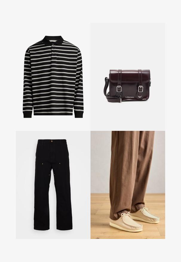 Polo tričko s dlhým rukávom vyrobené z čierneho materiálu s bielymi horizontálnymi pruhmi, s golierom a zapínaním na tri gombíky.; Čierne džínsy s rovnými nohavicami, s prvkami zlatého kovania a viditeľným prešívaním na predných a zadných vreckách.; Béžové šnurovacie mokasíny obuté s hnedými nohavicami s širokými nohavicami, stojace na svetlej drevenej podlahe.; Krikvová lakovaná kožená crossbody taška s obdĺžnikovým tvarom, dvoma popruhmi, striebornými doplnkami a prednou klapkou.; Strieborné quartz hodinky Casio s obdĺžnikovým ciferníkom, analógovým a digitálnym zobrazením, nerezovým remienkom a vodoodolnými vlastnosťami.