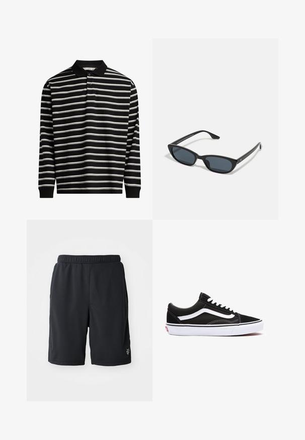 Polo z długim rękawem wykonany z czarnego materiału w białe poziome paski, z kołnierzykiem i zapięciem na trzy guziki.; Czarne spodenki sportowe wykonane z oddychającego siateczkowego materiału, z elastycznym paskiem w talii oraz dyskretnym logo na dolnej prawej stronie.; Czarne trampki na płaskiej podeszwie z białymi akcentami, posiadające zaokrąglony czubek, sznurowany design i gumową podeszwę. Widoczne logo po bokach i detale przeszyć.; Czarne okulary w kształcie kociego oka z ciemnymi soczewkami, plastikową ramką, smukłymi zausznikami i subtelnym logo na wewnętrznej stronie zausznika. Matowa tekstura.