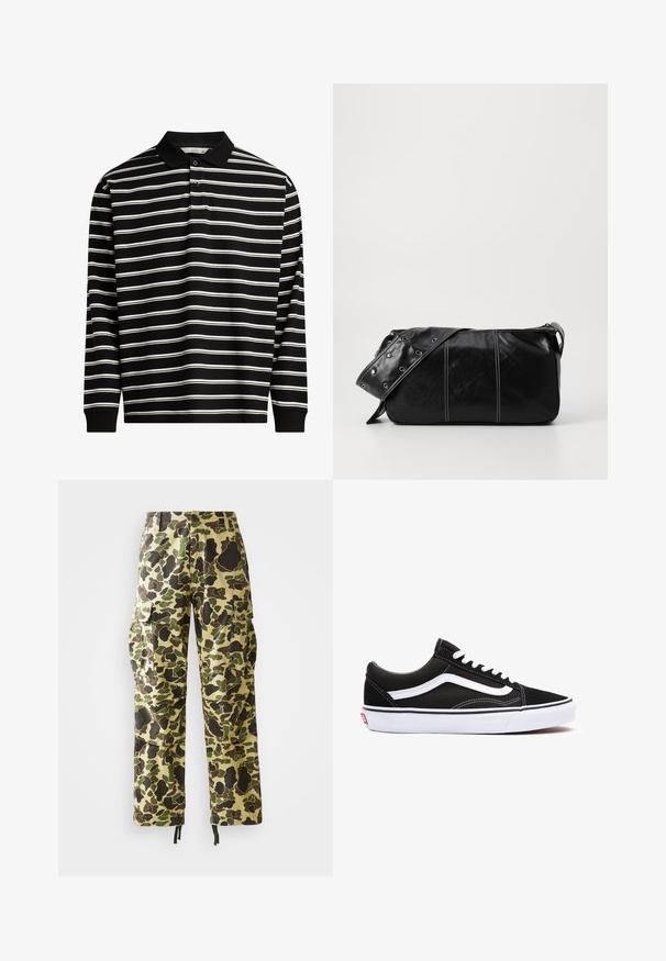 Langarm-Polohemd aus schwarzem Stoff mit weißen horizontalen Streifen, ausgestattet mit einem Kragen und einer Drei-Knopf-Leiste.; Herren Cargo-Hosen im geraden Schnitt mit grünem, braunem und beigem Camouflage-Muster, Knopfverschluss, Seitentaschen und Zugbändern an den Säumen.; Schwarze Leinensneaker mit weißen Akzenten, runder Zehenpartie, Schnürdesign und Gummisohle. Seitliches Logo und Nähdetails sichtbar.; Schwarze Leder Schultertasche mit Reißverschluss, ausgestattet mit einer strukturierten Oberfläche, weißen Nähten und einem Tragegurt mit silbernen Ösen.