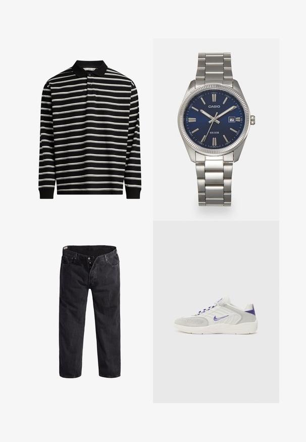 Garas piedurkņu polo krekls, izgatavots no melnas auduma ar baltām horizontālajām svītrām, ar apkakli un trīs pogu aizdari.; Melnas denim bikses ar taisna kāju dizainu, piecām kabatām, pogu aizdari un oranžiem izšuvumiem. Nedaudz izbalējusi tekstūra visā virsmā.; Baltas un pelēks sporta apavi ar purpursarkaniem akcentiem, ar teksturētu virsotni, perforācijām gaisa caurlaidībai un mīkstu zoli.; Sudraba nerūsējošā tērauda rokas pulkstenis ar tumši zilu ciparnīcu, metalizētiem stundu rādītājiem un datuma logu pie pulksten 3. Ūdensizturīgs līdz 50 metriem.