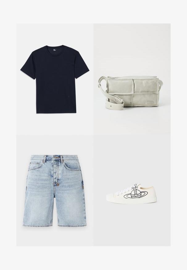 Camiseta de algodón azul marino con mangas cortas, cuello redondo y detalles de costura mínimos. Diseño simple sin patrones o acentos visibles.; Pantalones cortos de mezclilla azul claro con corte recto, cinco bolsillos y costuras en contraste. Dobladillo sin terminar en la parte inferior. Textura prelavada.; Zapatillas de lona en blanco roto con un gráfico de un planeta en negro. Cuentan con cordones blancos y una suela de goma texturizada. Diseño de puntera redondeada.; MM6 Maison Margiela TOP HANDLE MINI BAG UNISEX - Bandolera - vaporous grey