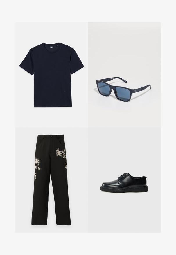 T-shirt en coton bleu marine à manches courtes, col rond et détails de couture minimes. Design simple sans motifs ni accents visibles.; Pantalons larges noirs avec broderie florale dans des tons crème. Présente des poches avant et une fermeture à bouton, fabriqués en un textile lisse.; Chaussures à lacets en cuir noir avec un bout arrondi, une finition lisse et une semelle en caoutchouc noir texturée. Design minimaliste sans motifs visibles.; Lunettes de soleil rectangulaires bleues avec verres foncés, monture mate marine, détail de logo sur la branche, branches droites et texture lisse et uniforme.