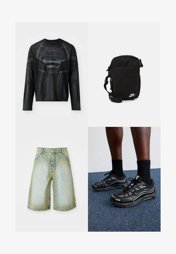 Schwarzes, langärmliges Sportshirt mit einem strukturierten grafischen Druck in Dunkelgrau, mit dem Branding "MISHV" und "SPORT" auf der Vorderseite.; Jeansshorts mit einem strukturierten Muster, hellblauem bis grünem Farbverlauf, klassischem Fünf-Taschen-Design und Metallknopfverschluss.; Schwarze Nike-Schuhe verfügen über ein Obermaterial aus Mesh mit Akzentstreifen, strukturiertem Schnürsystem und einer schwarzen Gummisohle. Getragen mit schwarzen, gerippten Socken.; Schwarze Nylon-Schultertasche mit verstellbarem Tragegurt, Reißverschlussfächern und einem weißen Nike-Logo auf der Vorderseite. Glatte Textur, rechteckige Form.