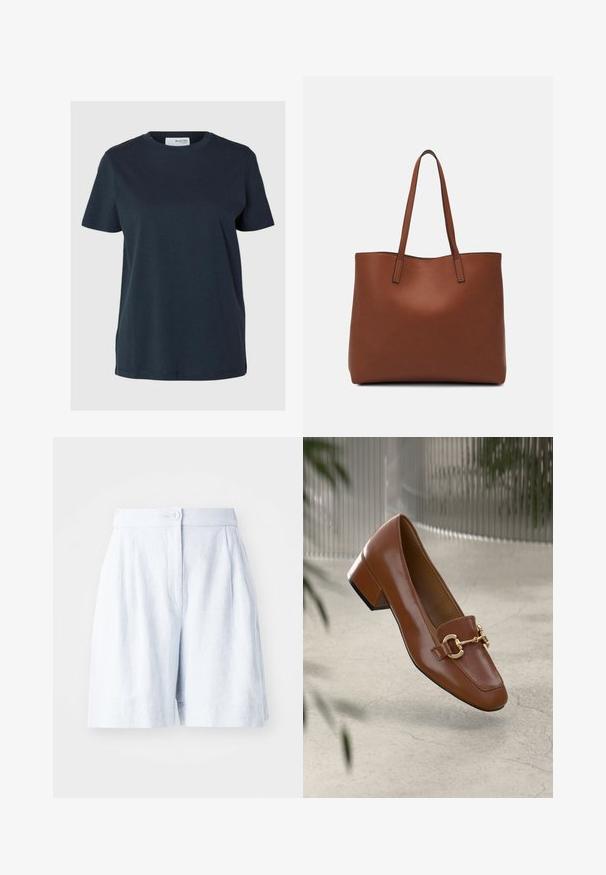 Temno modra majica s kratkimi rokavi iz mehkega bombaža. Ima rebrast ovratnik in sproščen kroj, z ravnim robom in stranskimi šivi.; Svetlo modri laneni šortki s prilegajočim krojem, gubano sprednjo stranjo, z gumbom za zapiranje in stranskimi žepi. Gladka tekstura in dolžina do sredine stegna.; Rjavi lakirani loafer z kvadratnim nosom, kovinsko verigo kot okrasom in nizko blok podplatom; gladka tekstura, minimalističen dizajn.; Rjava usnjena torba z gladko teksturo, odprto zasnovo zgoraj in dvema naramnima trakovoma. Opremljena je z minimalnim šivanjem in brez vidnih kovinskih delov.