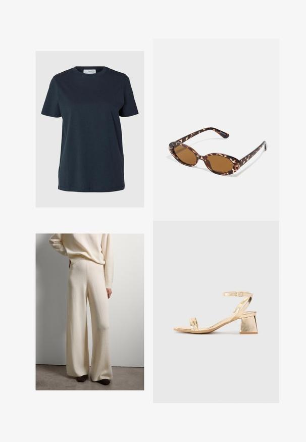 Donkerblauwe t-shirt met korte mouwen, gemaakt van zachte katoen. Beschikt over een geribbelde halslijn en een losse pasvorm, met rechte zoom en zijsplitten.; Wijdvallende broek van zacht wit gebreid materiaal, hoog in de taille met een gladde textuur, voorzien van een geribbelde tailleband en boorden. Vergezeld van donkere schoenen.; Gouden metallic hoge sandaal met een hoekige blokhak, twee banden over de voet en een verstelbare enkelband. Gladde textuur.; Schildpadvormige zonnebril met ovale lenzen, bruin getint, dunne armen met een gestructureerd patroon, lichtgewicht kunststof frame.; Bruine leren schoudertas met een gebogen vorm, gouden hardware en een gespaccent. Bevat een afneembare schouderriem.