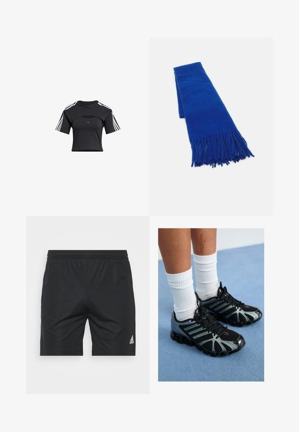 Čierne skrátené tričko s okrúhlym výstrihom, krátkymi rukávmi, detailom s výrezom a bielymi trojprúžkovými akcentmi na pleciach. Mäkká látka.; Čierne športové šortky vyrobené z hladkej tkaniny, s elastickým pásom, rovného strihu a strieborným logom Adidas na dolnej pravej strane.; Čierne športové topánky so sivými detailmi a sieťovinovými panelmi, s textúrovanou podrážkou a čiernymi šnúrkami, spárované s bielymi rebrovanými ponožkami.; Modrá tkaná šatka s strapcami na koncoch, hladká textúra, obdĺžnikový tvar a jednotná farba po celom povrchu. Vhodná do chladného počasia.