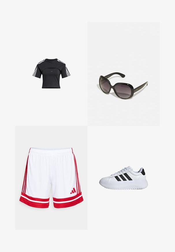 Sort beskåret t-shirt med rund hals, korte ærmer, udskæringsdetalje og hvide tre-striber på skuldrene. Blød stof.; Hvide atletiske shorts med røde side-striber og kant. Har en elastisk talje og Adidas-logoet i rødt nederst til venstre.; Hvide sneakers med en glat syntetisk overdel, der har tre sorte striber og en struktureret hvid gummisål. Snørebåndsdesign og polstret krave.; Sorte solbriller med oversized, runde stel. Lenses, der gradiere fra mørk til lys. Har en slank, blank finish og diskrete logo accenter på stænger.