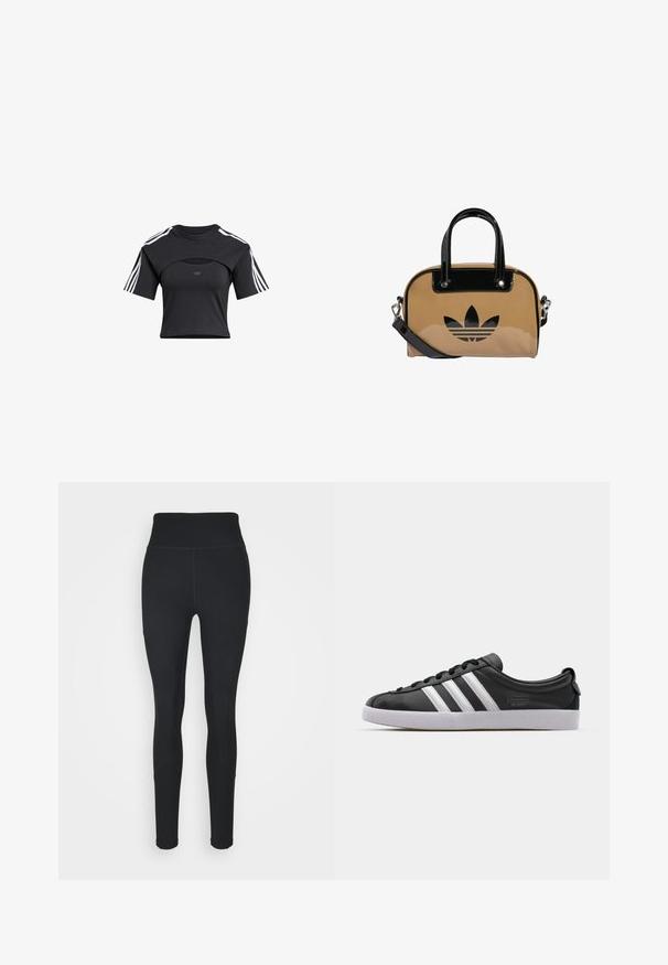 Must musta lühike t-särk ümmarguse kaelusega, lühikeste varrukatega, väljalõike detailiga ja valgete kolme triibuga aktsentidega õlgadel. Pehme kangas.; Mustad mustad, mis on valmistatud venivast kangast, neil on kõrge vöökoht, külgedel soonilised paneelid ja reljeefne disain, mis kitseneb pahkluudel.; Mustast nahast tennisekingad valge kolme triibu kujundusega, ümar nina, lame valge kummist tallaga ja bränditud detail küljes.; Kreemikäne käekott mustade läikivate nahkakatelementidega, ümmargune kuju, kahekordsed sangad ja esiküljel reljeefne must logo.
