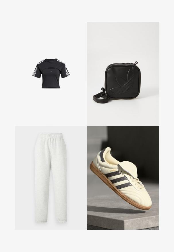 Čierne skrátené tričko s okrúhlym výstrihom, krátkymi rukávmi, detailom s výrezom a bielymi trojprúžkovými akcentmi na pleciach. Mäkká látka.; Svetlo šedé tepláky s elastickým pásom, zúženými nohavicami a rebrovanými manžetami. Vyrobené z mäkkej, štruktúrovanej tkaniny. Biele logo na boku.; Krémové kožené tenisky s tromi tmavými pruhmi, hnedou gumenou podrážkou a zaoblenou špičkou. Obsahujú prehýbací jazyk s označením "SAMBA."; Čierna štvorec krossbody taška vyrobená z textúrovaného syntetického materiálu. Obsahuje embosovanú logo úpravu a nastaviteľný popruh. Zapínanie na zips.