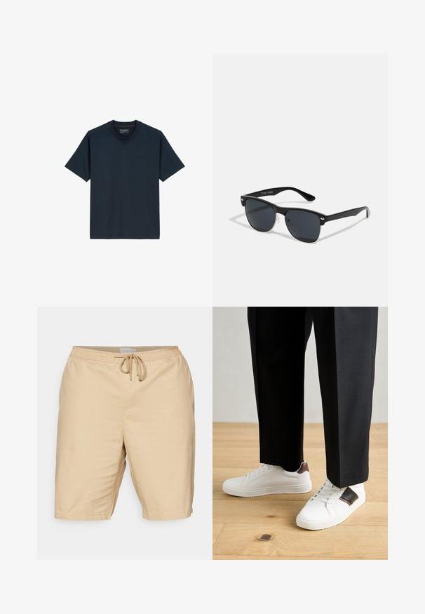 T-shirt bleu marine en coton doux, avec un col rond, des manches courtes et un détail de logo discret à l'avant. Design sans coutures.; Shorts beige clair en tissu à texture lisse, dotés d'une taille élastique avec cordon de serrage et de poches latérales.; Des sneakers blanches au texture lisse, avec des accents en cuir marron et des détails noirs, assorties à un pantalon noir ajusté. Fond en parquet.; Lunettes de soleil noires de forme rectangulaire, verres foncés, accents argentés aux tempes et finition mate sur la monture.