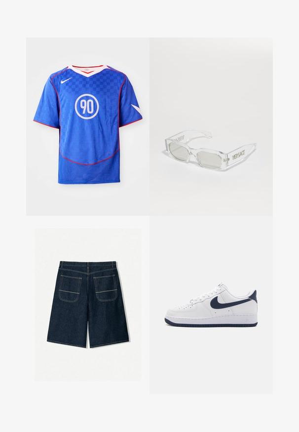 Plava Nike nogometna majica s kariranim uzorkom, kratkim rukavima, dizajnom s v-izrezom, bijelim detaljima i središnjim kružnim grafičkim prikazom "90".; Tamno plave traperice kratke hlače s opuštenim krojem, koje imaju dva stražnja džepa s kontrastnim šavovima. Ravni kroj i dizajn do koljena.; Bijela Nike Air Force 1 tenisica s mornarsko plavim swooshom, teksturiranim gornjim dijelom od kože, bijelim vezicama i gumenim potplatom s mornarskim uzorkom.; Prozirne plastične sunčane naočale s sivoj lećama, pravokutnog oblika, s reljefnim "Versace" logotipom na sljepoočnicama, koje prikazuju moderan dizajn.