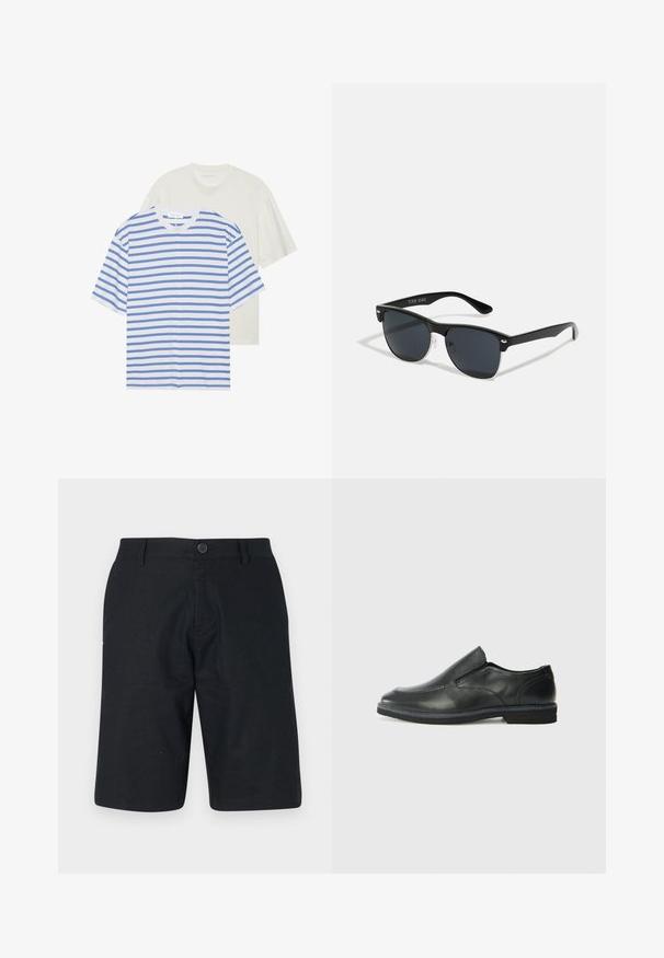 Du šortų rankovių marškinėliai: vieni balti su mėlynomis juostelėmis, o kiti vientisi šviesiai kreminiai. Minkšta medvilnė, apvalios iškirptės dizainas, laisvas pritaikymas.; Juodi šortai, pagaminti iš lengvos medžiagos, su tiesiu siluetu, vienos sagos uždarymu ir švariu hemu be matomų raštų.; Juodai odiniai įtvirtinimo batai su lygiu paviršiumi, siuvinėjimo akcentais, apvalia nosimi ir žemu guminiu kulnu. Pado raštas minimalus.; Juodos saulės akinių su stačiakampiu rėmeliu, tamsiais lęšiais, sidabrinėmis detalėmis šventrajose ir matinio paviršiaus rėmeliu.