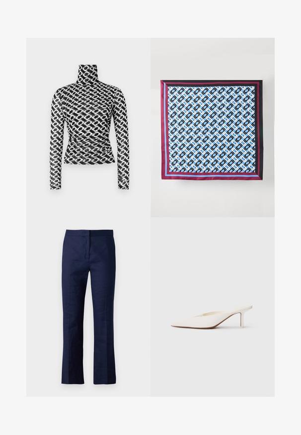 Dlouhý rukáv s rolákem z průhledné černé látky s opakujícím se bílým vzorem řetězu. Přiléhavý střih s jemným řasením v pase.; Námořnické modré kalhoty na míru vyrobené z hladkého materiálu, s rovnými nohavicemi, předními skladbami a přiléhavým pasem.; Bílé muly s špičatou špičkou a nízkým jehlovým podpatkem. Vyrobené z hladkého materiálu s minimalistickým designem a jemným detailním pro tanovou podrážku.; Hedvábný šátek s opakujícím se modro-černým vzorem na bílém pozadí, rámovaný vínovými a modrými pruhy podél okrajů.