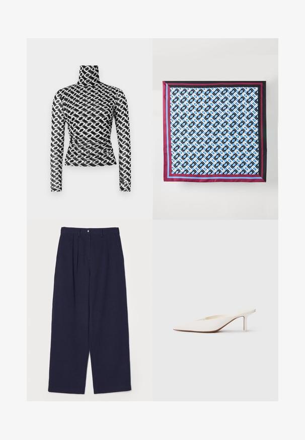 Pikkade varrukatega musta läbipaistva kangaga kõrge kaelusega pluus, millel on korduvvalge kettmustrite mustrid. Vooderdatud lõige, millel on talje piirkonnas peened kogumistega detailid.; Tumed sinise värvi laia jala püksid, mis on valmistatud tekstureeritud kangast, millel on ees voldi, metallist nööp sulgemine ja küljetaskud.; Küünise otstega valge mool, madala stiletto kontsaga. Valmistatud siledast materjalist, minimalistlik disain ja peene pruunikas tallateen.; Siidist sall, kus on korduv sinine ja must muster valgel taustal, ääred on raamitud tumepruuni ja siniste triipudega.
