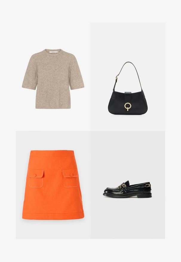 Pulover bej cu mânecă scurtă, fabricat dintr-un material tricotat moale, având un guler rotund și o croială lejeră. Textura este ușor pufoasă.; Fustă portocalie din bumbac, cu două buzunare frontale, închidere cu butoane și cusături albe contrastante. Formă în A, cu un brâu bine definit.; Loafers din piele neagră cu un finisaj lucios, având două catarame aurii și un toc jos. Textură netedă cu un design cu vârf rotund.; Geantă din piele neagră cu o silueta curbată, curea scurtă, accesorii centrala de nuanță aurie și textură netedă. Fără modele sau accente vizibile.
