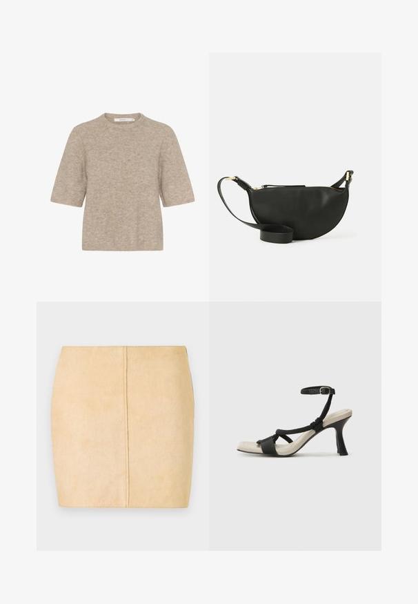 Pull léger beige à manches courtes en tricot doux, avec un col rond et une coupe décontractée. La texture est légèrement duveteuse.; Jupon mini en suède beige offrant une texture lisse, une silhouette ajustée et un détail de couture centrale. Pas de matériel ou d'embellissements visibles.; Sandale à talon noir avec un design de brides tressées, bout carré et bride de cheville réglable. Semelle intérieure beige claire avec un talon noir brillant.; Sac bandoulière en cuir noir de forme demi-lune, surface texturée, fermeture éclair dorée et bandoulière plate. Design compact adapté pour les essentiels.