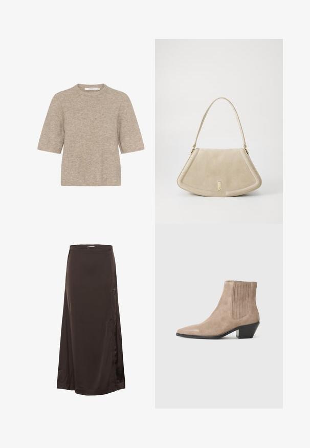 Maglione beige a maniche corte realizzato in morbido tessuto lavorato a maglia, con scollatura rotonda e vestibilità comoda. La texture è leggermente pelosa.; Gonna lunga in satin marrone scuro con vita aderente e sottile spacco laterale, texture liscia e leggero lucido.; Stivale alla caviglia in suede beige con punta affusolata e tacco sagomato, caratterizzato da dettagli di cuciture verticali sui lati.; Borsa in suede beige con forma triangolare arrotondata, una sola tracolla e un accento in metallo dorato sul davanti.
