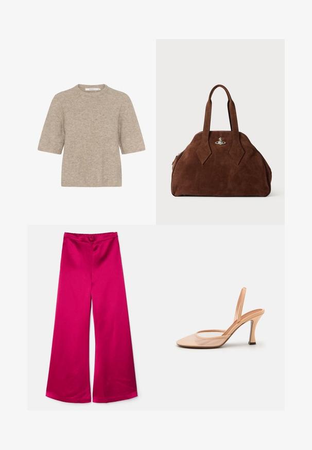Suéter beige de manga corta hecho de un suave tejido de punto, con un escote redondo y un corte relajado. La textura es ligeramente peluda.; By Malene Birger LUCEE - Pantalones - wild berries; Tacón slingback de malla nude con punta afilada, correa delgada en el tobillo y tacón de aguja que presenta un acento negro en la base.; Bolso de ante marrón con una forma estructurada, cuerpo redondeado y asas alargadas en forma de diamante. Presenta un cierre de hardware plateado.