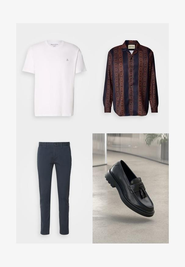 White short-sleeve t-shirt made of cotton with a round neckline and a small gray logo on the chest. Smooth texture, classic fit.; Navy button-up shirt with a floral geometric pattern in shades of orange. Features a collar and long sleeves with buttoned cuffs.; Navy blue chinos made of lightweight cotton, featuring a straight cut, button closure, and front pockets. Smooth texture with minimal detailing.; Black leather loafers with a smooth finish, decorative tassel, thick rubber sole, and stitched accents. Lightweight and sleek design.