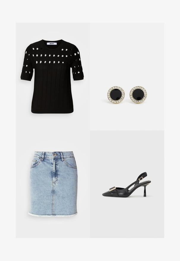 Melna adīta džemperis ar īsām piedurknēm, ribota tekstūra un apaļa apkakle. Vairāki izgriezti caurumi veido rakstu priekšpusē.; Gaiši zils denima svārku ar taisnu griezumu, saplaisājuši maliņām, piecu kabatu dizainu un priekšējo pogu aizdari. Gluda tekstūra ar izbalējušiem akcentiem.; Melnas ādas slingback kurpes ar smailu purngalu, slaidu papēdi un zeltītām detaļām uz priekšas daļas. Gluda tekstūra un strukturēts dizains.; DKNY INLAY STUD - Auskari - black/gold-coloured