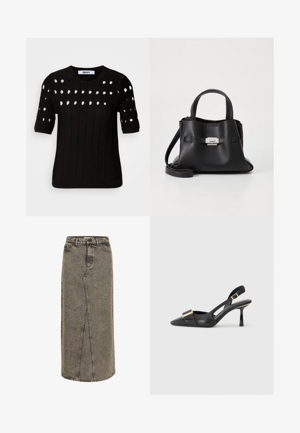 Svart strikkegenser med korte ermer, ribbestruktur og rund hals. Flere utskårne hull lager et mønster over fronten.; Denim maxiskjørt i falmet svart med rett snitt, synlige sømmer og en frontsplitt. Har standard liv og beltehemper.; Svart skinn slingback-sko med spiss tå, slank hæl og gullfarget detalj på vampen. Glatt tekstur og strukturert design.; Svart skinnveske med teksturert overflate, som har to håndtak på toppen, en avtagbar skulderrem og detaljer med sølvspenne.