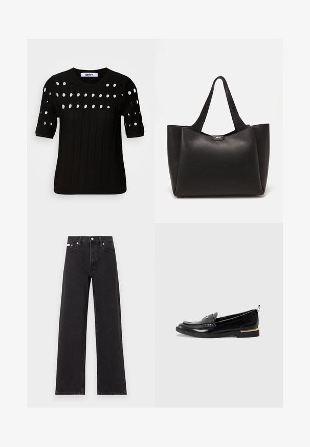 Svart stickad tröja med korta ärmar, ribbad textur och rund halsringning. Flera utstansade hål skapar ett mönster över framsidan.; Svarta vida jeans i denim med hög midja, fem fickor och metallknappstängning med kontrasterande sömmar.; Svarta lackläder loafers med rundad tå, dekorativ rem och ett guldackcent på klacken. Slät textur med sömdekor.; Svart läder toteväska med texturerad yta, med två robusta handtag och en metallisk logotypaccent i mitten av toppen.