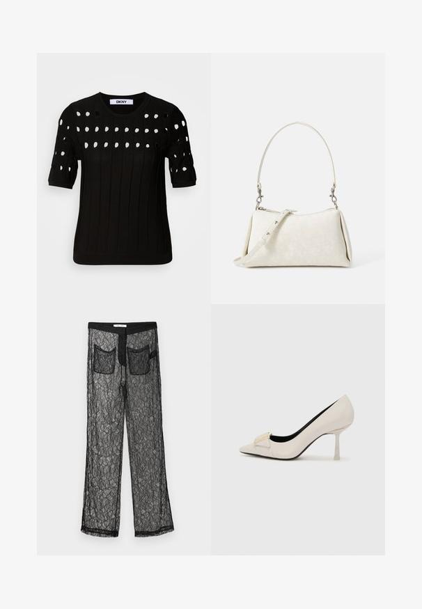 Crni pleteni pulover s kratkim rukavima, rebrastom teksturom i okruglim izrezom. Više izrezanih rupa stvara uzorak preko prednje strane.; Samsøe Samsøe SAYLA TROUSERS - Hlače - black; Bež štikli sa šiljastim prstom, sjajni kožni materijal, zlatni detalj na prednjem delu i vitki potpetica.; Bijela torba s glatkom teksturom, zakrivljenim siluetom i podesivom naramenicom. Sadrži suptilni uzorak s logotipom i akcentima od srebrne boje.