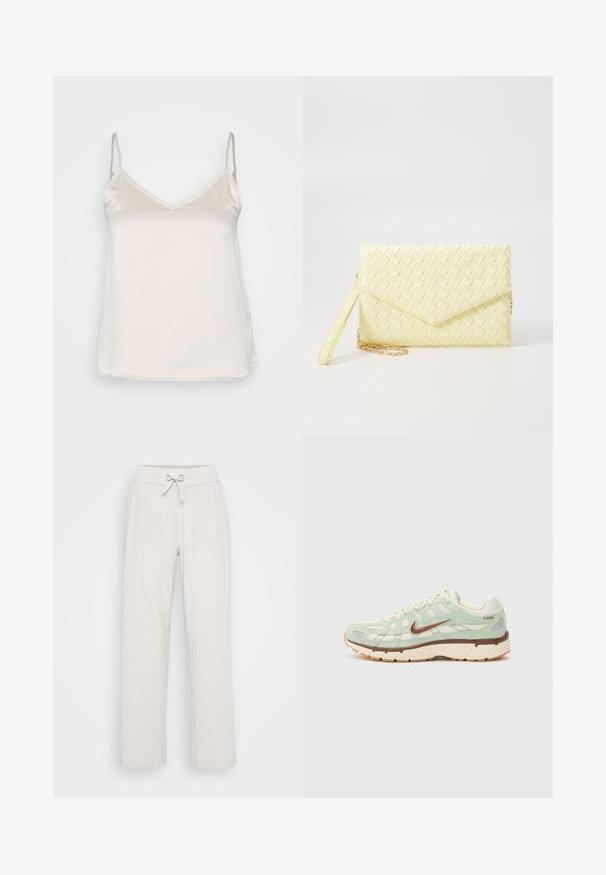 Top bej mătăsos, cu bretele subțiri reglabile și un decolteu subtil în formă de V, având o suprafață netedă, fără textură.; Pantaloni din in bej deschis, cu un design cu picioare largi, o talie elastică și un detaliu de legare în față. Materialul texturat adaugă un interes vizual.; Pantofii sport de culoare verde deschis, confecționați din materiale din plasă și pielă întoarsă, cu accente maronii, o talpă bej, un design texturat și un logo distinctiv pe lateral.; Poșetă de mână țesută, de culoare galbenă, cu un design cu clapetă, curea detașabilă pentru încheietura mâinii și un accent din lanț auriu. Textură netedă și formă rectangulară.; Cercel din argint cu un finisaj polișat, având detalii mici din aur și o formă rotundă, purtat pe lobul urechii.
