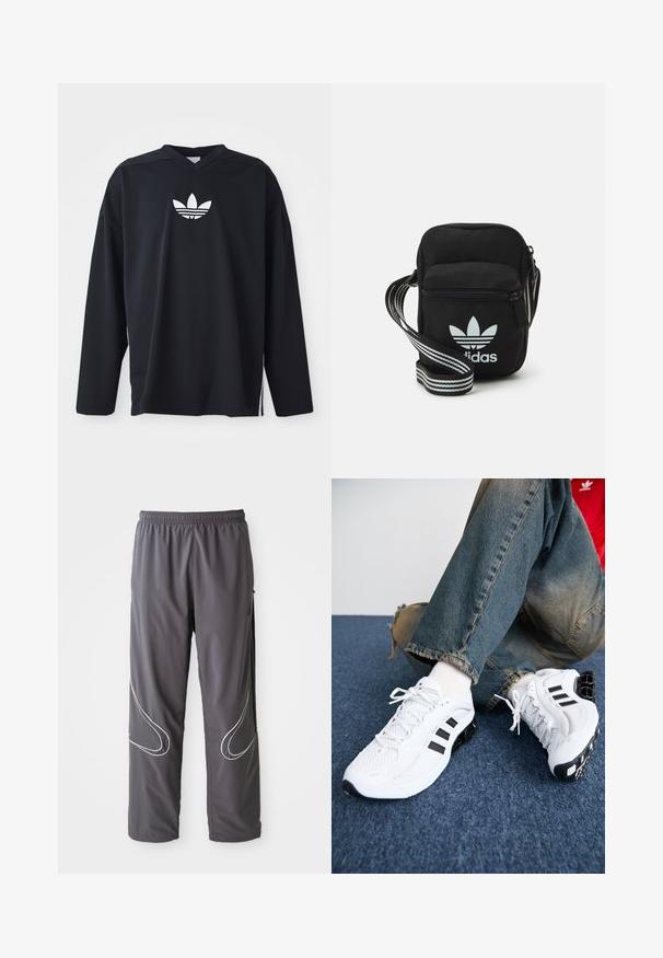 Mustkarereva pikkade varrukatega särk, mis on valmistatud riidest, millel on võrkmaterjal. Särgil on V-kaelus ja valge Adidas'i trifoliumi logo rinna kohal. Hemmist ulatuvad külgmised lõhikud.; Meeste hallid spordipüksid elastse vöökoha, lukuga taskute ja peegeldavate valgete aktsentidega külgedel. Kerged, siledad kudumised.; Valged võrgust spordijalatsid mustade aktsentidega, millel on tekstureeritud disain ja eristuv tald, kombineeritud siniste teksapükstega.; Mustmust värvi risti koti, millel on tõmblukuga sulgemine, valge Adidas'i logo ja triibuline reguleeritav rihm mugavaks kandmiseks.