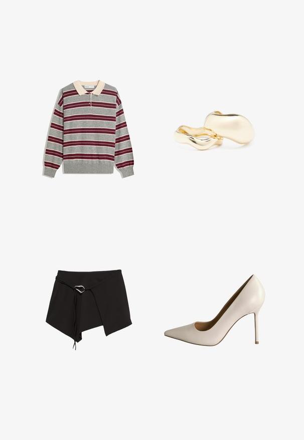 Gray long-sleeve polo shirt with beige collar, featuring horizontal maroon and white stripes, three button placket, and ribbed cuffs.; Black wrap skirt made of soft material, featuring a diagonal cut, adjustable tie with a silver-toned hardware accent, and asymmetrical hem.; White leather high-heeled pump with a pointed toe and cut-out detail. Features a slim stiletto heel and smooth texture, designed for formal wear.; Gold-colored earrings with an organic, bean-like shape and smooth, reflective surface; features a minimalist design with no visible hardware.