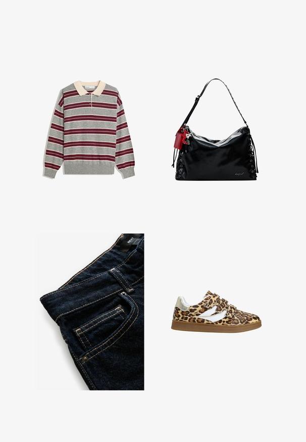 Graues langärmeliges Polo-Shirt mit beigem Kragen, ausgestattet mit horizontalen kastanienbraunen und weißen Streifen, einer Drei-Knopf-Leiste und gerippten Bündchen.; Dunkelblaue Jeans aus Denim mit kontrastierenden orangefarbenen Nähten, ausgestattet mit einer Vordertasche, Nieten und einer glatten Textur.; Leopardenmuster-Sneaker mit drei Klettverschlüssen, weißen Akzenten und einem goldenen Detail an der Ferse. Gummisohle, runder Zehenbereich, strukturiertes Obermaterial.; Schwarze Lederhandtasche mit einem lässigen Design, Schnürdetails an den Seiten und einem roten Akzent-Tag. Verfügt über einen langen, verstellbaren Trageriemen.