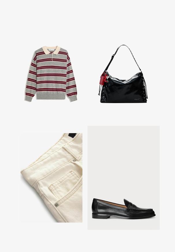 Grijze lange mouwen polo met beige kraag, voorzien van horizontale bordeauxrode en witte strepen, een drie-knoopsluiting en geribde manchetten.; Crème-kleurige spijkerbroek met een gestructureerd oppervlak, voorzien van een klein voorvak en contrasterende stiksels. Ideaal voor casual wear.; Lauren Ralph Lauren WYNNIE - Instappers - black; Zwarte leren handtas met een slouchy ontwerp, vetersluiting aan de zijkanten en een rode accentlabel. Heeft een lange verstelbare schouderriem.